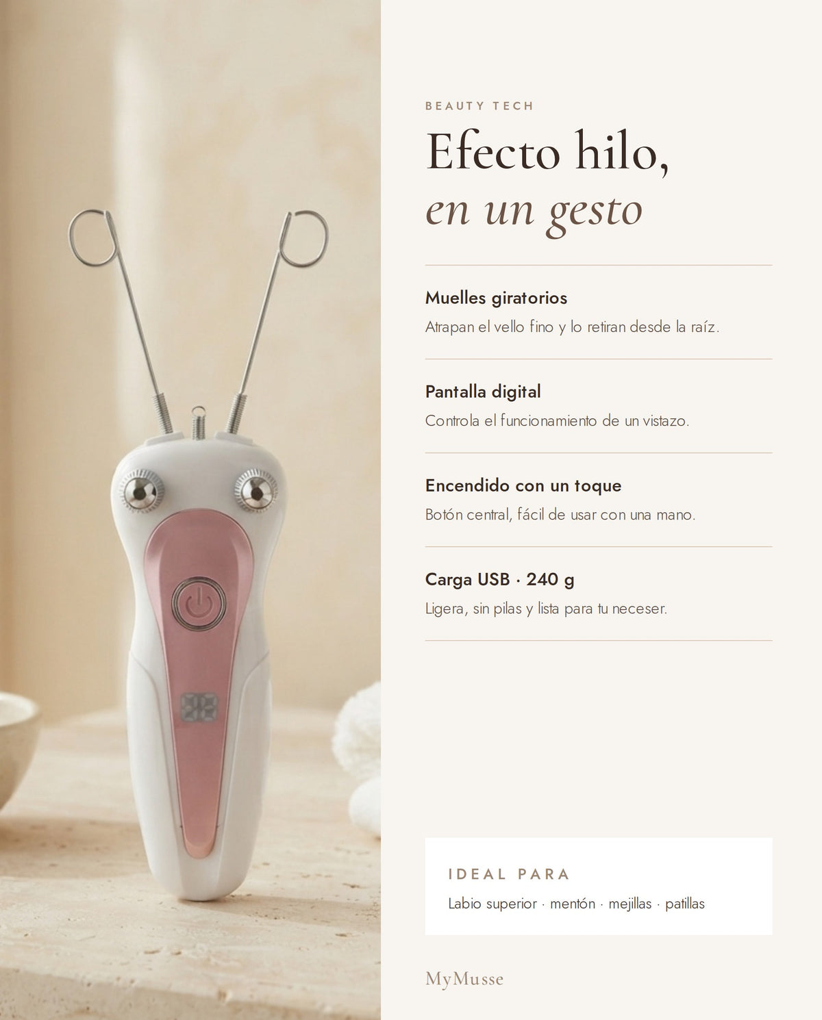 Detalles de la depiladora facial efecto hilo
